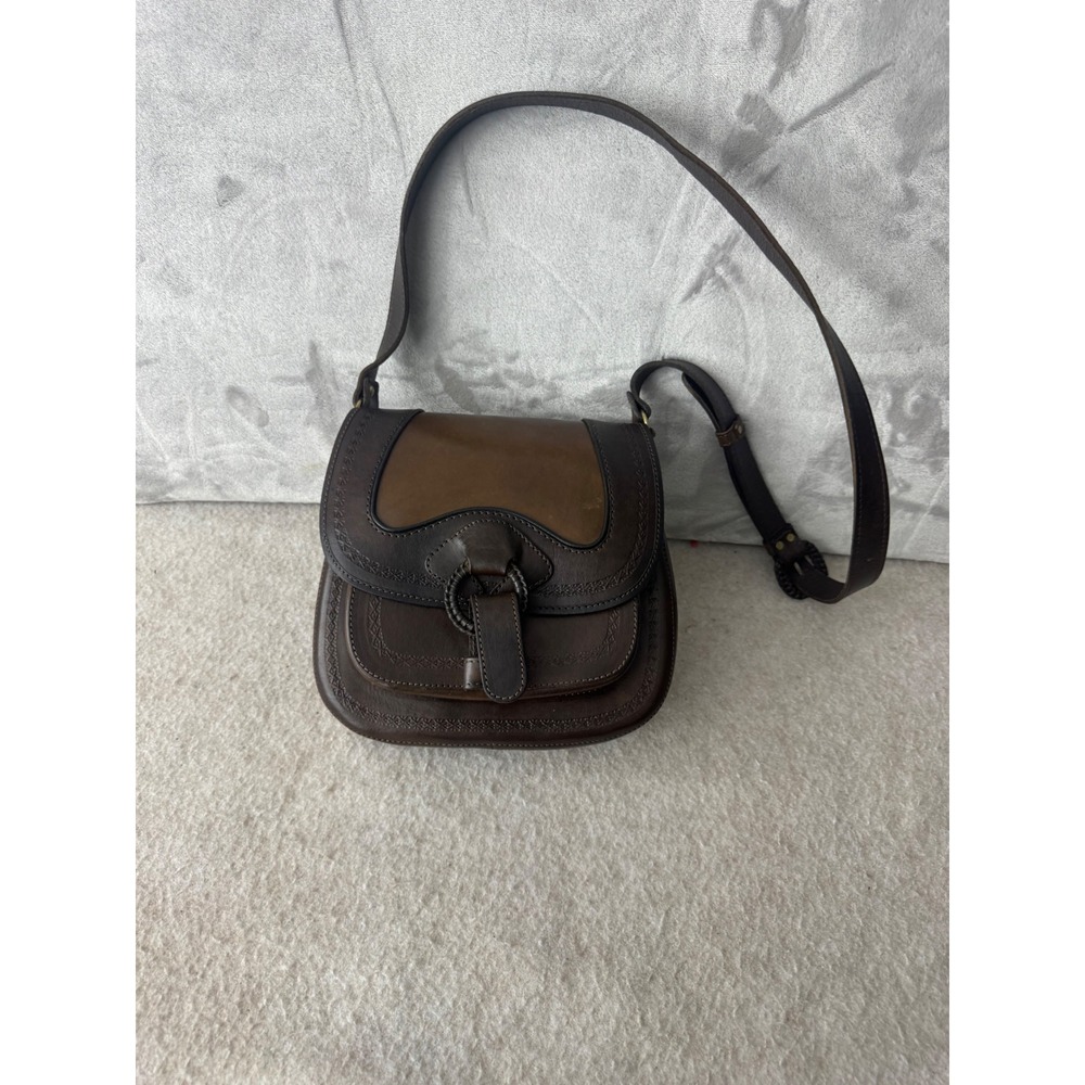 Anna Cainzo Brown Leather Saddle Crossbody Bag Stamped Detail Made in Bolivia